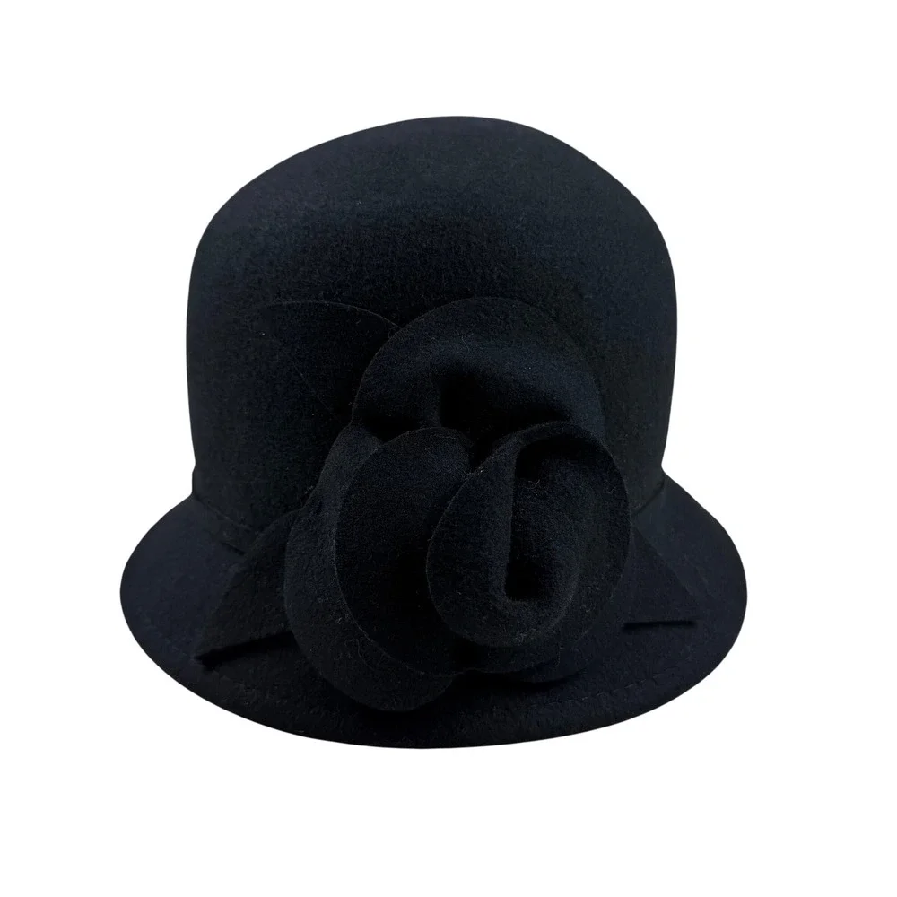 Women's Nine West Wool Black Cloche Hat with‎ Flower Felt Accent
